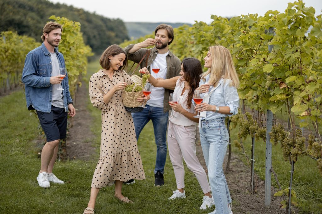 Friends tasting wine near vineyards in countryside